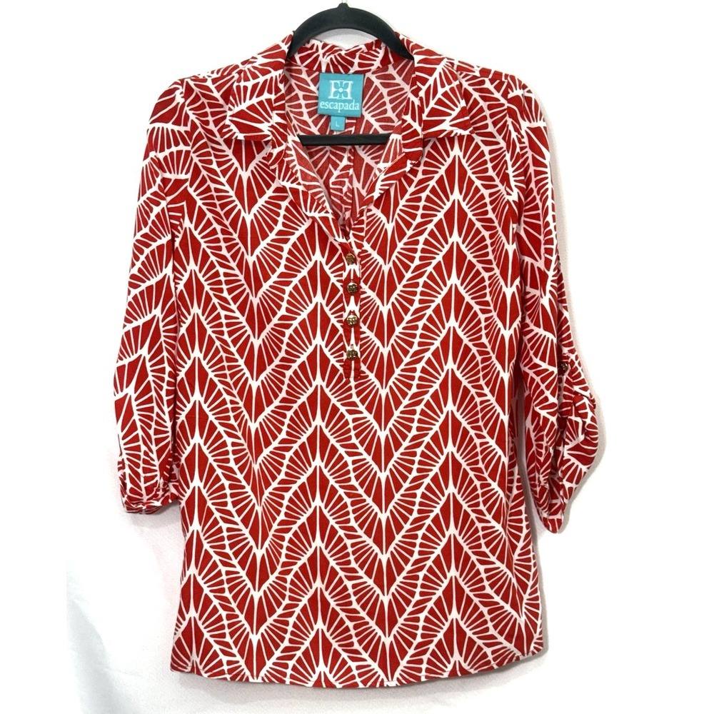 Escapada Red White‎ Rayon Tunic Top Blouse 3/4 Roll Tab Sleeves Womens Size L